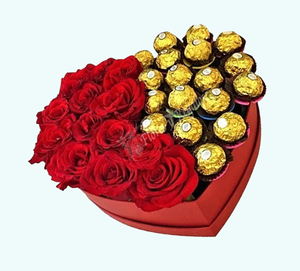 12 Rosas en Caja Corazn y mitad Bombones Ferrero Rocher 